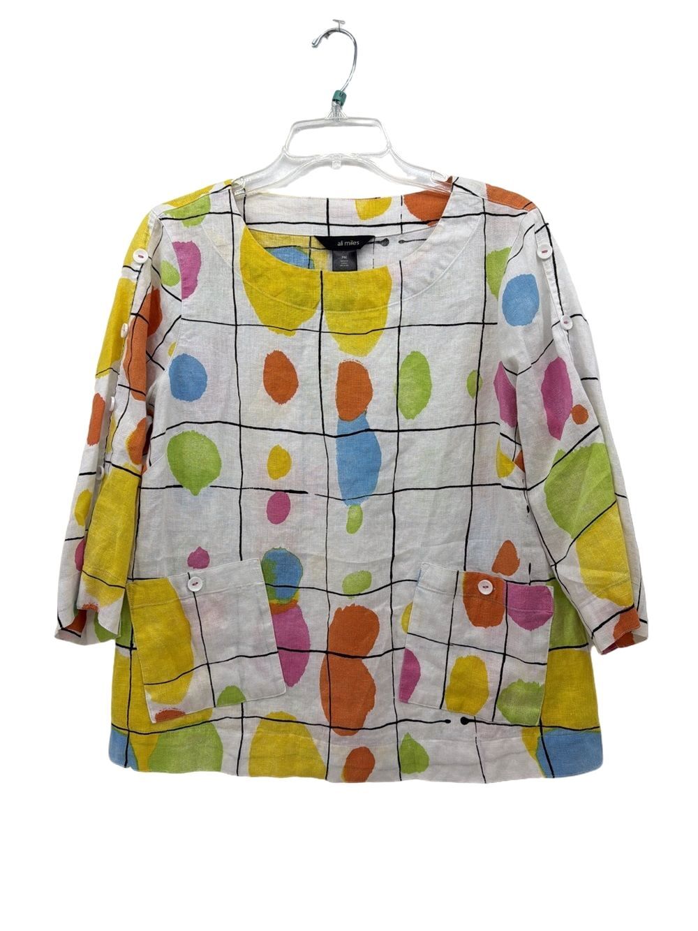 Ali Miles White 100% Linen Art to Gem Top with Multicolor Abstract Grid Print
